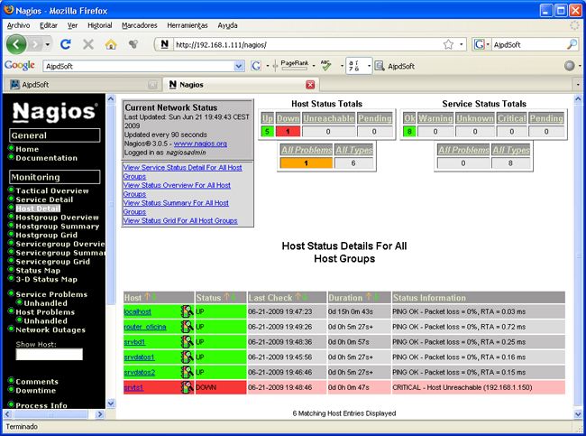 Instalación y configuración de Nagios para monitorizar la red - Reinicio servicio Nagios y comprobación de la monitorización de los hosts añadidos